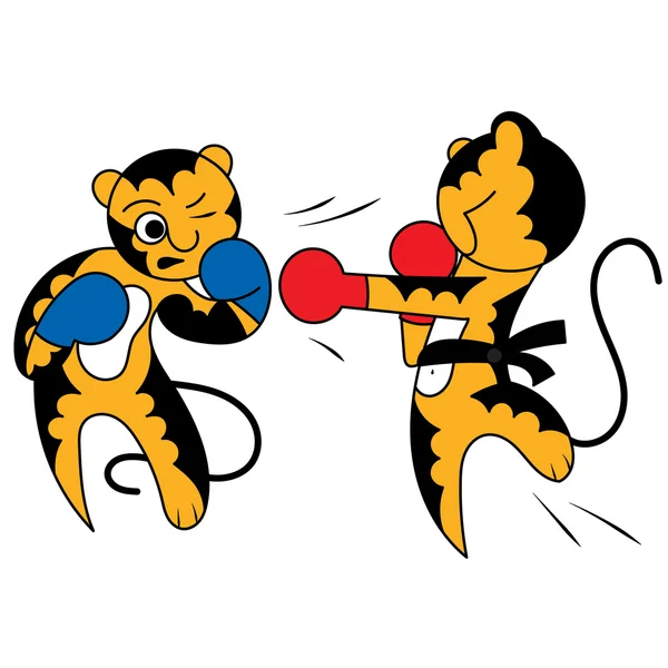 Vector de dibujos animados dos cachorro de tigre lindo artes marciales jóvenes — Vector de stock