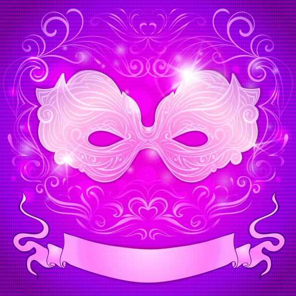 Ευχετήρια κάρτα με μωβ μάσκα και κορδέλα για εορταστική μεταμφίεση προσκλήσεις — Διανυσματικό Αρχείο