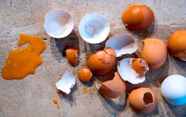 Mutfak zemininde yumurta sarısı dökülmüş yumurtalar, yakın çekim. Organik atıkları doğal gübreye sakla