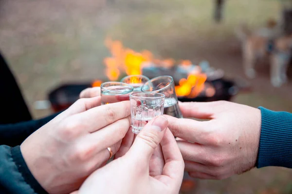 Gehakt Beeld Van Geroosterde Handen Met Wodka Shots Vrienden Drinken — Stockfoto