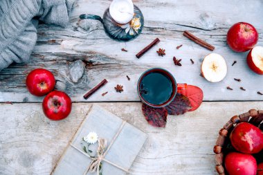 elmalı, tarçınlı, üst görünümlü sonbahar arkaplanı