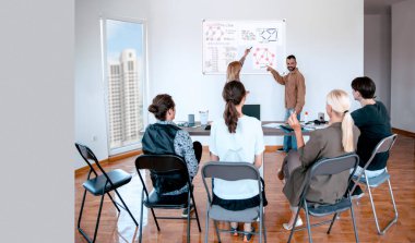 Sunumda konuşan öğretmen yetişkin öğrencilere bir ders verir. Bilgi almak için teknoloji beyaz tahtasını kullanan personel için üniversite koçluğu semineri. Hispanik Adam bilgi sunuyor Modern toplantı