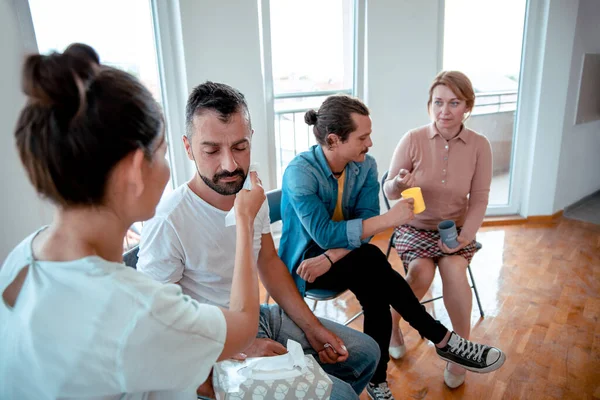 Consoling Group Psychotherapy Session Giving Tender Love Friend Rehabilitation Clinic — Stock Photo, Image