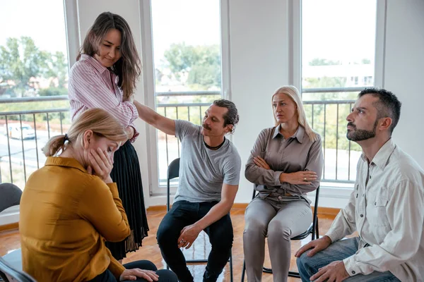 People have conversation on Support group talking about life. Diverse Millennial employees with new ideas on casual meeting