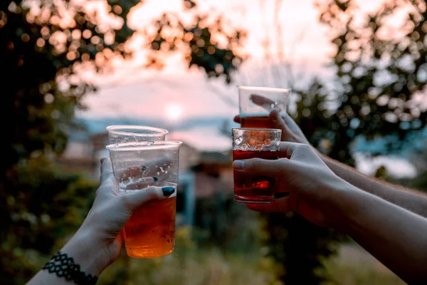 Amis Applaudissant Avec Bière Dans Des Lunettes Mains Tenant Bière — Photo