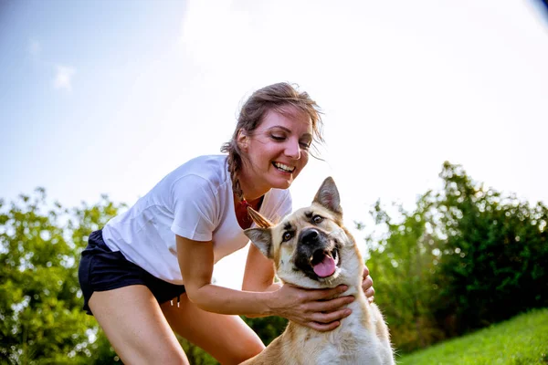 Young Woman Playing Her Dog Park Happy Female Shepherd Pet — Stock Photo, Image