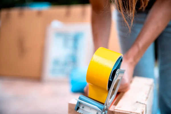 Female Hand Holding Big Packing Tape Hand Furniture Home Staff — Stock Photo, Image