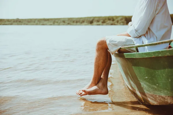 Sunbathing Handsome Fisherman Relaxing Small Green Boat River Shore Sailor — Stock Photo, Image