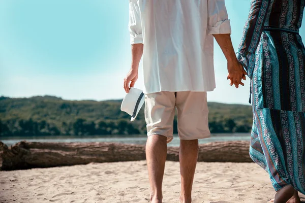 Mature Couple Walking Sunny Day Outdoors Man Woman Holding Hands — Stock Photo, Image