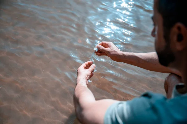 Male Hands Taking Sample Water Analyzing Control Environment Pollution Close — Stock Photo, Image