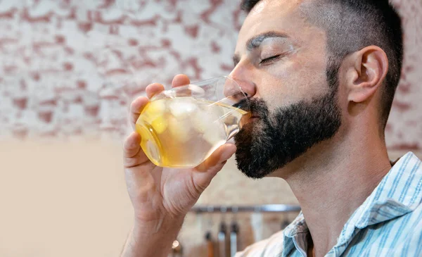 Mature Bearded Man Drinking Cold Lemonade Indoors Close Portrait Thirsty —  Fotos de Stock