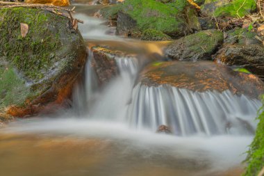 Ormanın ortasında, ipek efektli küçük doğal nehir şelalesi.,
