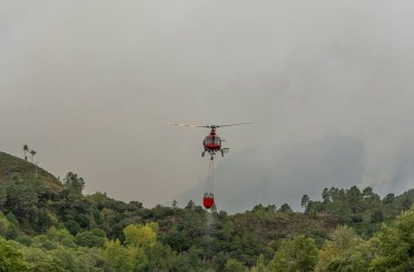 İtfaiye helikopteri orman yangınını söndürmek için bir kova su taşıyor.