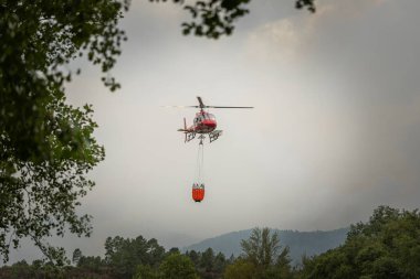 İtfaiye helikopteri orman yangınını söndürmek için bir kova su taşıyor.