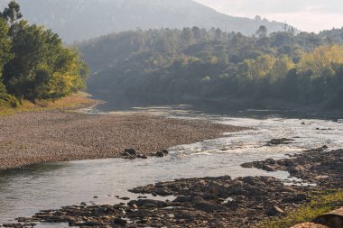 Sil river in summer with little water cause of very dry summer, low rainfall, drought, Galicia, Spain Europe