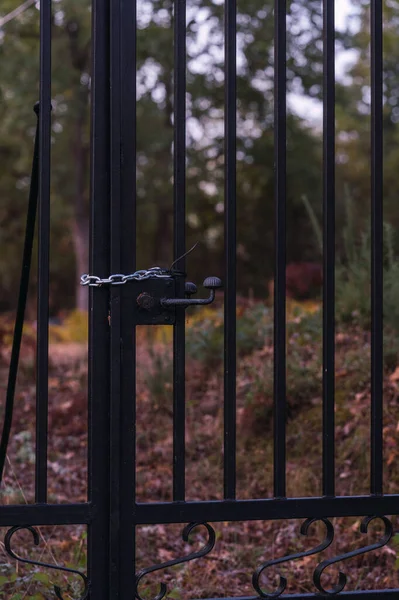 ブラックメタルの錬鉄製のプロパティの入り口ゲート ブラックスチールドアハンドルの近い焦点 — ストック写真