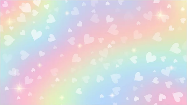 Regnbågsfantasi bakgrund. Holografisk illustration i pastellfärger. Söt tecknad flickaktig bakgrund. Ljus flerfärgad himmel med bokeh och hjärtan. Vektor. — Stock vektor