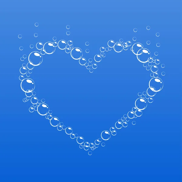 Sprudelnde Blasen bilden den Rahmen in Form eines Herzens. Cartoon-Seifenschaum auf blauem Hintergrund. Realistische Vektorillustration. Valentinstag und Liebessymbol. — Stockvektor