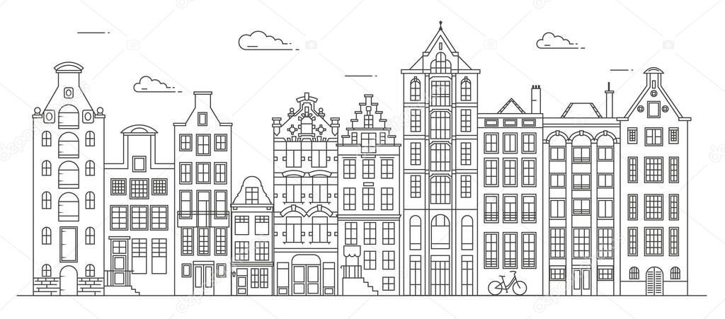 Amsterdam old style houses. Typical dutch canal houses lined up near a canal in the Netherlands. Building and facades for Banner or poster. Vector outline illustration.