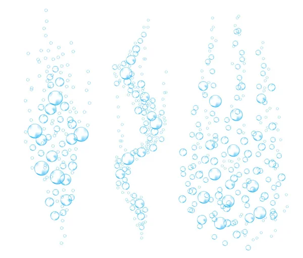 Underwater bubbles of fizzing soda. Streams of air. Dissolving tablets. Realistic oxygen pop in effervescent drink. Blue vector sparkles on white background. — Stock Vector