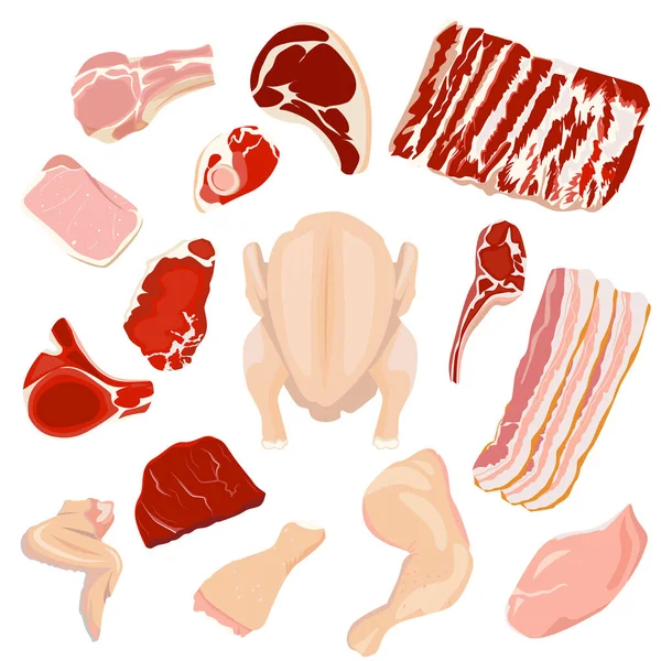 Mleté maso, steaky, šunka, vepřová slanina, hovězí a jehněčí maso, kuře, krocan. Výrobky na pultu řeznictví. — Stockový vektor