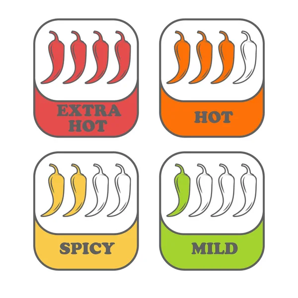 Pepper Spice szintek. Forró paprika jel a csípős étel csomagolásához. Paprikaszósz matricák. — Stock Vector