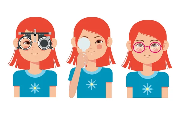 Verificação da visão infantil na clínica oftalmológica. Optometrist que verifica a vista da criança com equipamentos médicos dos óculos. Seleção de lentes de óculos. Menina personagem de desenho animado plana —  Vetores de Stock