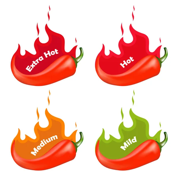 Níveis de pimenta picante. Sinal de pimenta quente com chama de fogo para embalar alimentos picantes. Ilustração vetorial. — Vetor de Stock