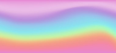 Gökkuşağı fantazisi. Pastel renklerde holografik çizim. Tatlı karikatür kız arkaplanı. Parlak renkli gökyüzü. Vektör.