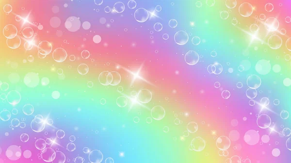 Regenboog fantasie achtergrond. Holografische illustratie in pastelkleuren. Leuke cartoon girly achtergrond. Heldere veelkleurige hemel met sterren en bokeh. Vector. — Stockvector