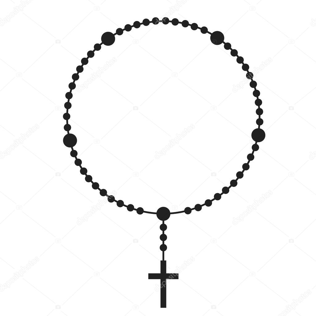 Rosary beads silhouette. Prayer jewelry for meditation. Catholic chaplet with a cross. Religion symbol. Vector illustration.