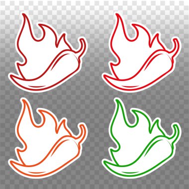 Chili Pepper Baharat Seviyesi. Baharatlı yemek paketlemek için ateş alevli acı biber tabelası. Vektör illüstrasyonu.