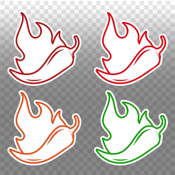 Niveles de especias de chile. Signo de pimiento picante con llama de fuego para empacar comida picante. Ilustración vectorial. — Archivo Imágenes Vectoriales