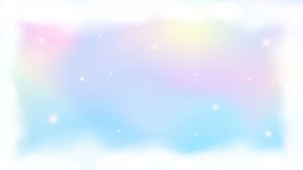 Holográfico fantasia arco-íris unicórnio fundo com nuvens. Céu de cor pastel. Paisagem mágica, padrão fabuloso abstrato e moldura. Vetor. — Vetor de Stock