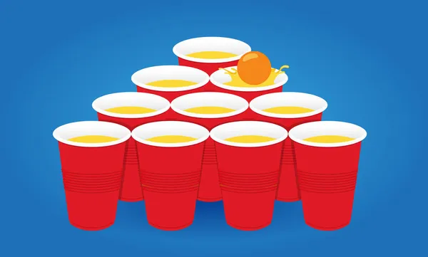 Red beer pong pyramyd illustration. Plastic cups and ball with splashing beer. Traditional party drinking game. Vector — Stock Vector