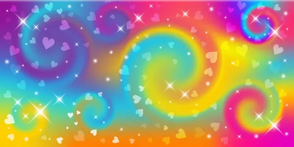 Fond fantastique. Illustration holographique en couleurs pastel. Beau fond de bande dessinée girly. Ciel multicolore lumineux avec étoiles et coeurs. Vecteur. — Image vectorielle