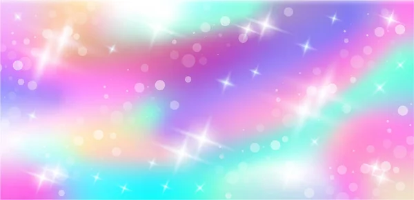 Regnbågsfantasi bakgrund. Holografisk illustration i pastellfärger. Söt tecknad flickaktig bakgrund. Enhörning med stjärnor och bokeh. Vektor. — Stock vektor