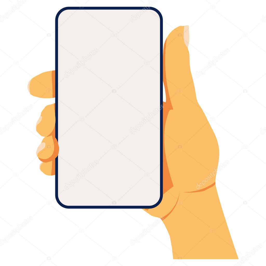 Cell phone mocap. Smartphone in hand with a blank screen. Vector flat illustration.