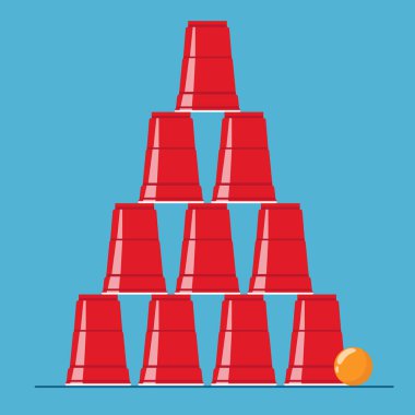 Red beer pong pyramyd illustration. Plastic cups and ball. Traditional party drinking game. Vector clipart