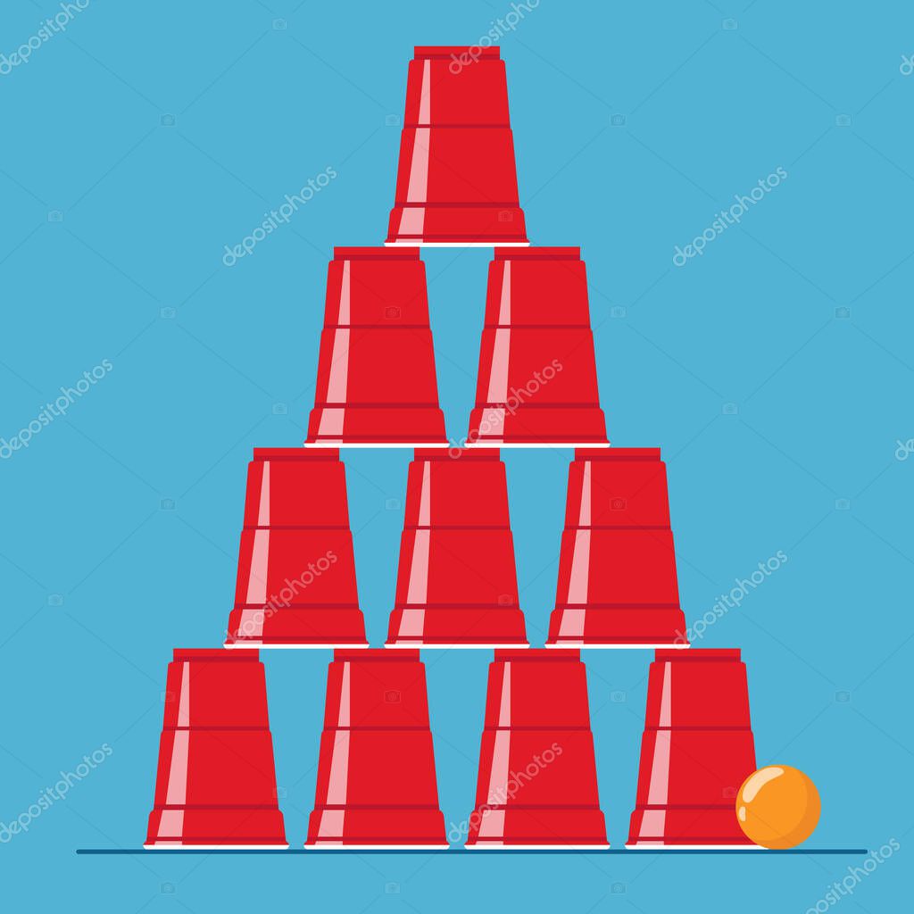 Red beer pong pyramyd illustration. Plastic cups and ball. Traditional party drinking game. Vector.