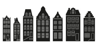 Amsterdam tarzı evlerin silueti. Yılbaşı süsü için Avrupa 'daki eski binaların cepheleri. Vektör seti