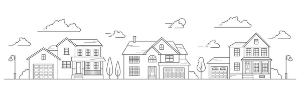 Landscape of the neighborhoods of the city, the houses of the suburbs residential area. A number of low-rise buildings of the village. Outline vector illustration. — Stock Vector