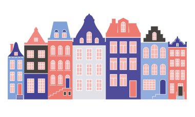 Amsterdam tarzı evlerde. Yılbaşı süsü için Avrupa 'daki eski binaların cepheleri. Vektör düz resimleme