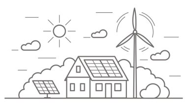 Çevre dostu modern ev. Alternatif rüzgar enerji istasyonu. Güneş panelleri, rüzgar enerjisi. Çevre konsepti vektör ana hatları çizimi.