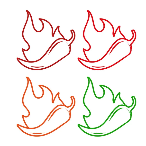 Ikonen mit Chili-Pepper-Gewürzebenen. Chili-Schild mit Feuerflamme zum Verpacken scharfer Speisen. Aufkleber mit milder, mittlerer und extra scharfer Chilisoße. Vektorillustration. — Stockvektor