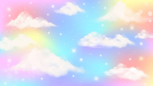 Fond licorne arc-en-ciel fantaisie holographique avec nuages. Ciel couleur pastel. Paysage magique, motif fabuleux abstrait. Mignon papier peint bonbons. Vecteur. — Image vectorielle
