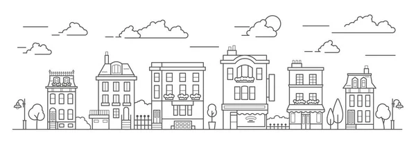 Paysage dans le style line art. Décrivez la rue avec des maisons, bâtiment, arbre et nuages. Café, pharmacie, hôtel et arrêt de bus. Vecteur — Image vectorielle