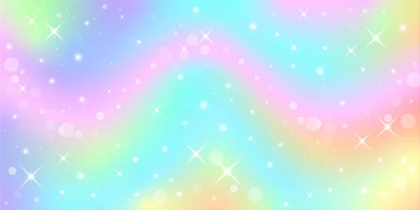 Fundo de fantasia arco-íris. Ilustração holográfica em cores pastel. Desenhos animados bonito fundo feminino. Céu multicolorido brilhante com estrelas. Vetor. — Vetor de Stock