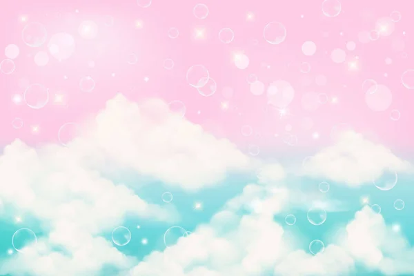 Fantasia olografica sfondo unicorno arcobaleno con nuvole e bolle. Cielo color pastello. Paesaggio magico, modello favoloso astratto. Carina carta da parati caramelle. Vettore. — Vettoriale Stock