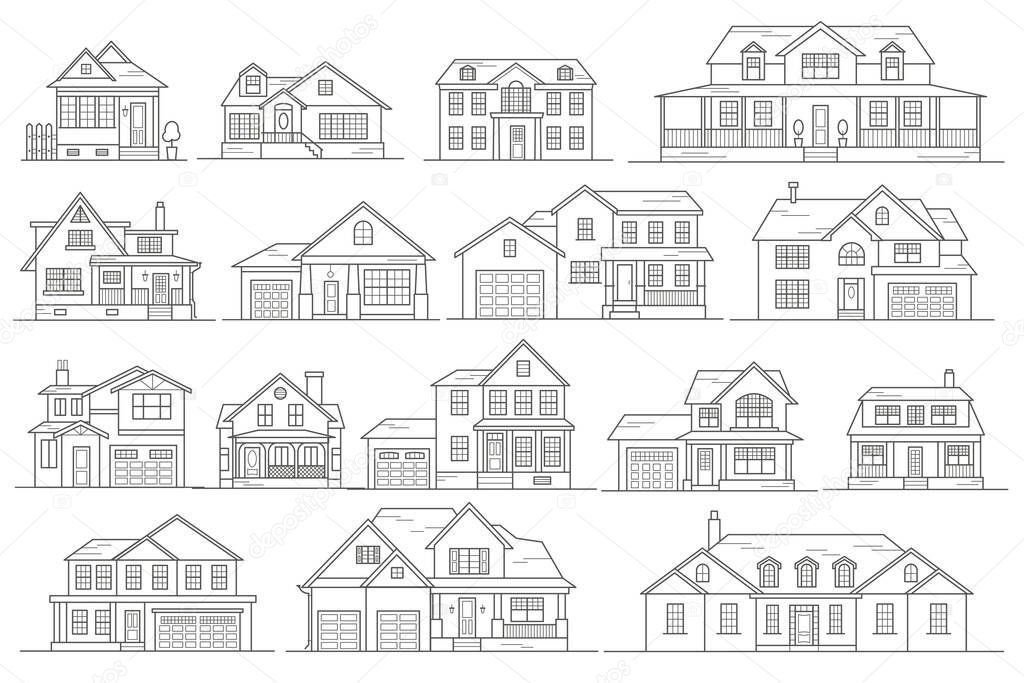 Cottages of neighborhood the city, the houses of the suburbs residential area. Low-rise buildings of the village. Set of outline vector illustration.